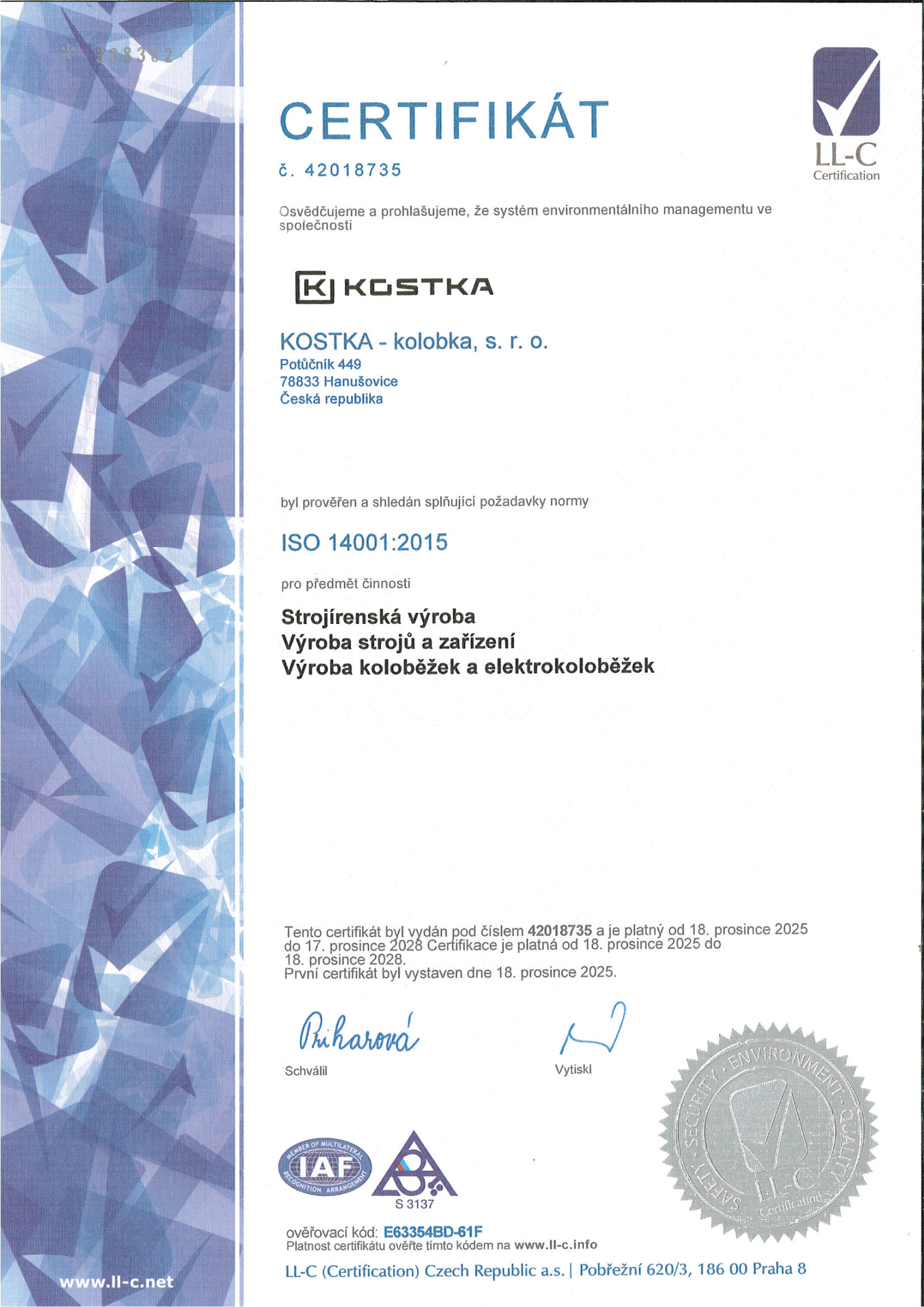 Certifikát ČSN EN ISO 14001:2015