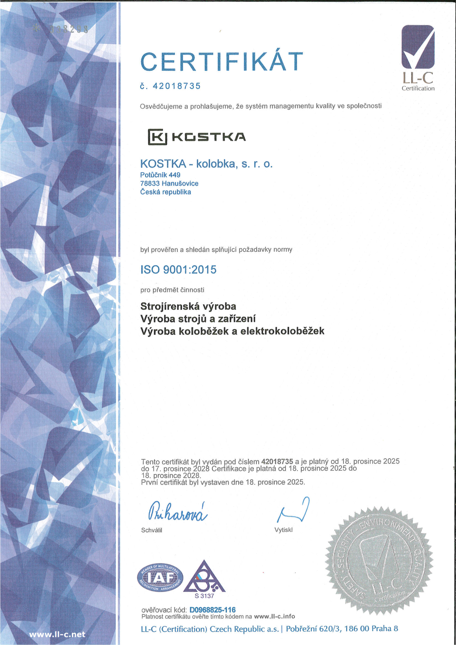 Certifikát ČSN EN ISO 9001:2015